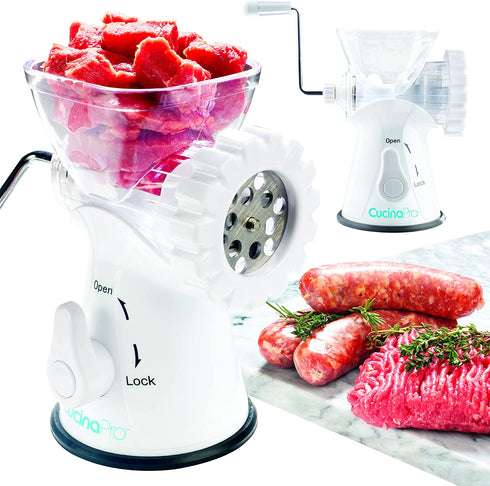 Manual Meat Grinder - Mincer w 2 Stainless Steel Plates, Sausage Attachment, Press, Heavy Duty Suction Base and Dishwasher Safe Design- Make Suasage, Ground Beef, Hamburgers and More