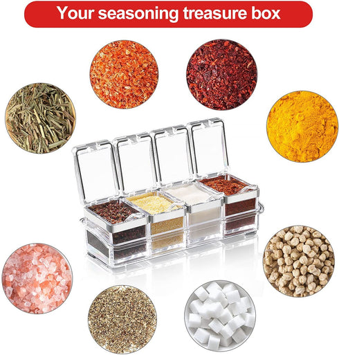 Acrylic Seasoning Box Set, 4 Piece Clear Seasoning Rack Spice Pots, Premium Quality Storage Container Condiment Jars for Spice Salt Sugar Cruet Kitchen Organization Containers with Cover and Spoon
