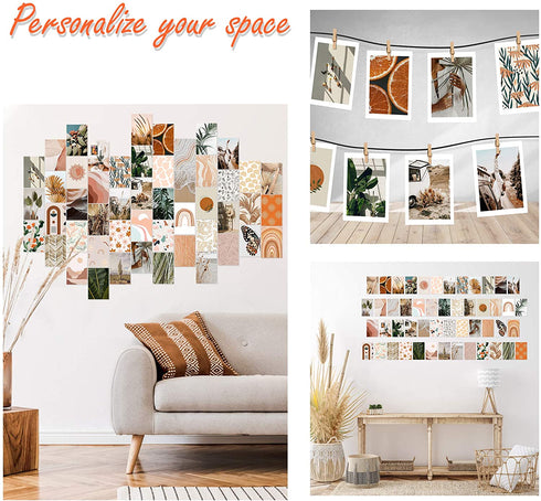 Yopyame 50PCS Boho Aesthetic Pictures Wall Collage Kit, Peach Teal Photo Collection Collage Dorm Decor for Girl Teens and Women, Orange Boho Wall Prints Kit, Small Posters for Room Bedroom Aesthetic