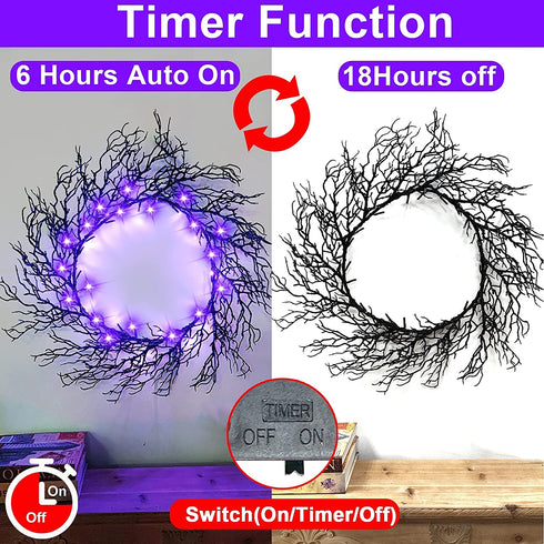 TURNMEON 20 Inch Prelit Halloween Wreath with Timer 30 LED for Front Door Halloween Decorations Purple Lights Battery Operated Glitter Scary Black Wreath Halloween Decoration Indoor Outdoor Home Party