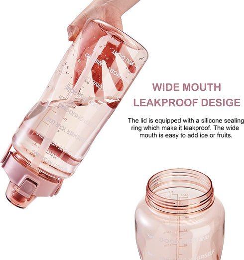 EYQ Half Gallon/64 oz Water Bottle with Time Marker, Carry Strap and Motivational Quote, Leak-Proof Tritan BPA-Free, Ensure You Drink Enough Water for Fitness, Gym, Camp, Sports (Clear Rose pink)