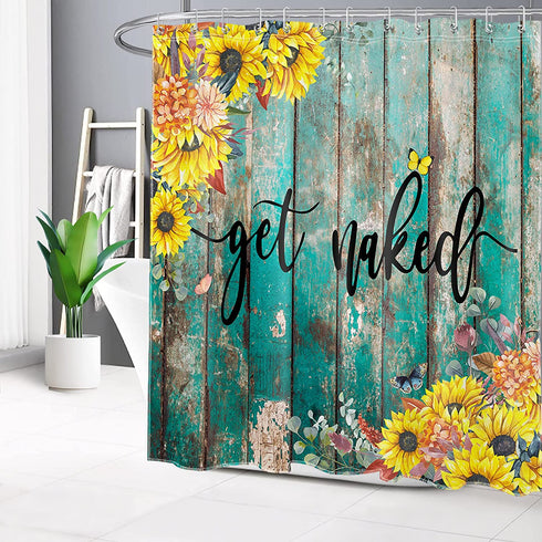 LB Rustic Sunflower Shower Curtain, Modern Farmhouse Yellow Floral Funny Quotes Get Naked Shower Curtains, Country Style Vintage Flower Wooden Boards Bathroom Curtains Set with Hooks, 72X72 Inches
