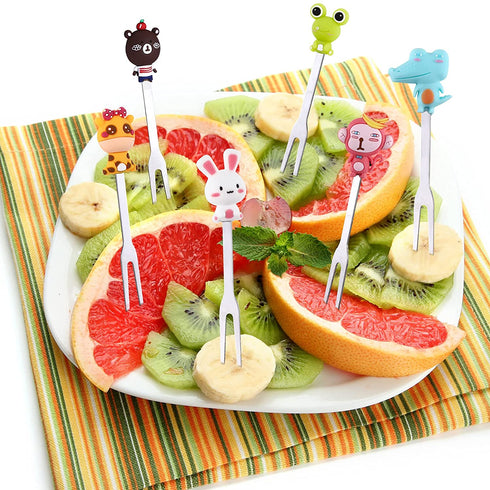 12 Pcs Fruit Picks for Kids 2 Sets Fruit fork Kids Toothpicks for Food Stainless Steel Bento Picks Cute Cartoon Animal Fruit Forks with Silicone Handles and Ceramic Storage Jars for kids (Cute Style)