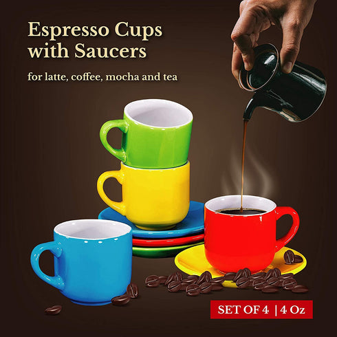 Espresso Cups with Saucers by Bruntmor - 4 ounce - Multi-Color, Chip Resistant, Stackable Set of 4, Perfect for Home and Office
