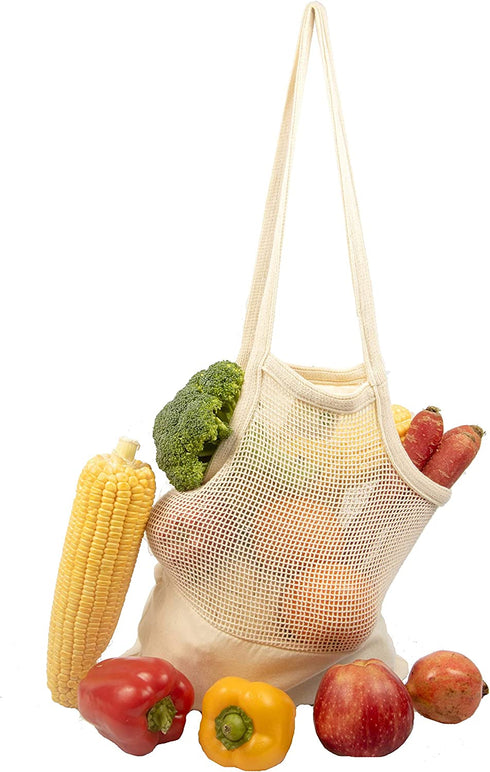 Reusable Mesh Grocery Shopping Bags - Organic Cotton Mesh Tote Bags - Net Farmers Market Bags with Reinforced Bottom - Mesh Mushroom Foraging Tote Bags - Portable Cotton French Market Tote (3 Bags)