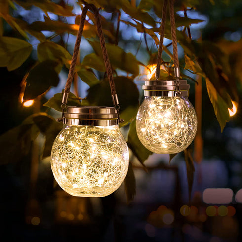 2 Packs Hanging Outdoor Solar Lanterns Decorative Lights 30 LED Waterproof Cracked Glass Jar Garden Lights for Court Yard Patio Pathway
