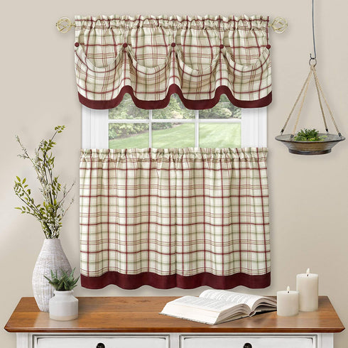 Achim Home Furnishings Tier Pair and Valance Set Tattersall Window Curtain, 58" x 24", Burgundy,TTTV24BU12