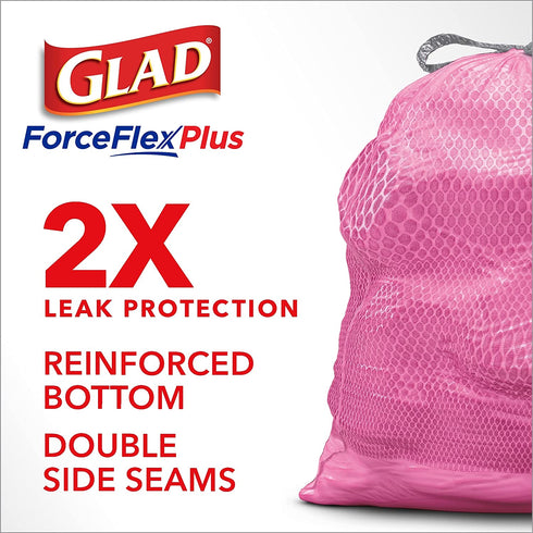 GLAD Protection Series ForceFlex Plus Drawstring Cherry Blossom Odor Shield, Pink, 13 Gallon, 90 Count
