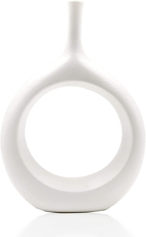 Samawi Modern Ceramic Vase for Decor Ceramic Vase Circle Donut Oval Vase Tall White Vase Hollow Vase Decorative vase for Table Kitchen Home