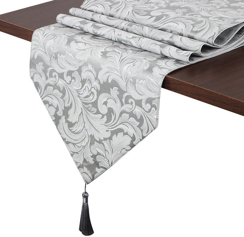 EHouseHome Jacquard Damask Reversible Silver Grey Table Runners with Tassels 13 x 72 inch Wrinkle and Water Resistant Spill-Proof Decorative Dining and Wedding Runners