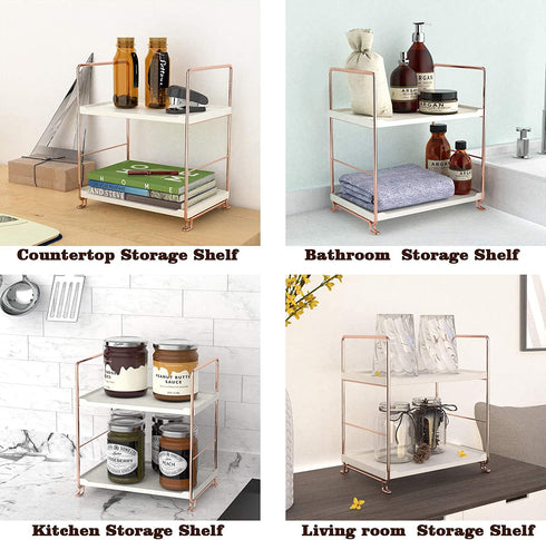 Plastic/Metal Freestanding Stackable Organizer Shelf ,Bathroom Countertop Storage Shelf Cosmetic Organizer Holder Kitchen Spice Rack ,2-Tier Standing Rack (Rose Gold)