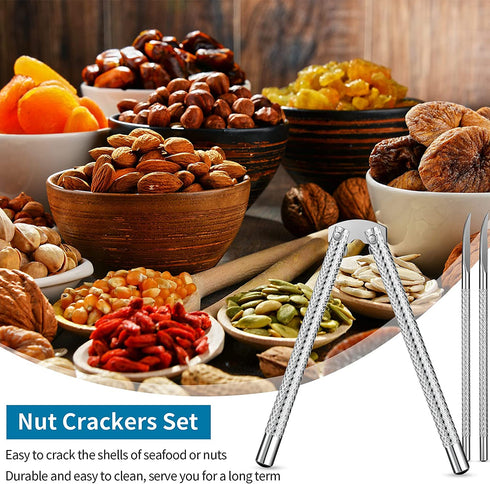 3 Pieces Nut Crackers and 6 Pieces Picks Stainless Steel Nutcracker Metal Shell Cracker for Seafood Nuts (Silver)