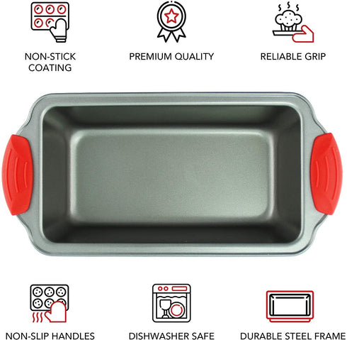 Premium Loaf Pan 8.5" with Non-Stick Steel - Bread Pan for Baking Bread - Professional Steel Baking Pan w/ Silicone Handles for Baking Banana Bread, Meatloaf and Pound Cake by Boxiki Kitchen