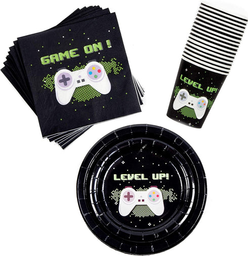 BleuZoo Video Game Party Supplies - Gamer Birthday Set Decorations Decor Gaming Theme Pack - Includes: Big and Small Plates, Tablecloth, Banner, Napkins, Cups, Forks, Knives, Spoons (Serves 16)
