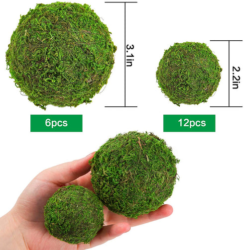 18 Pack Decorative Faux Dried Moss Balls- 6pcs 3.1" Artificial Green Plant Mossy Globes+ 12pcs 2.2" Handmade Sphere Moss Hanging Balls for Home Garden Decors Party Wedding Display Supplies Photo Props