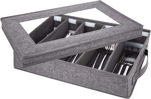 Flatware Storage Case, Silverware Storage Box Chest with Adjustable Dividers, Fabric Container Holder for Organizing Utensils, Cutlery, Flatware, Knives, Large Capacity Gray