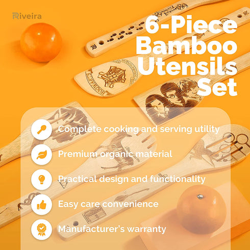 Riveira Organic Wooden Spoons for Cooking Utensils Set 6-Piece Magic Wizard Harr Potter Kitchen Utensils Gift Spatulas for Nonstick Cookware Gifts for Cooking Lovers