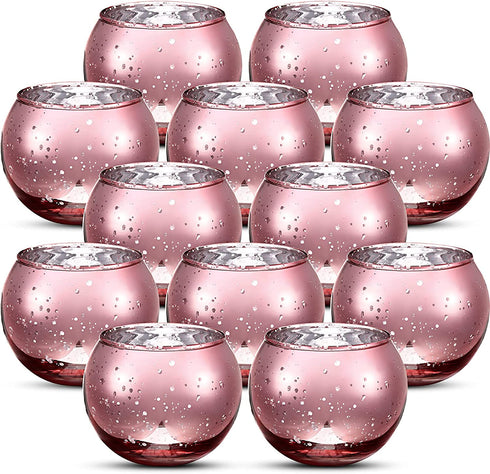 12 Pieces Round Votive Candle Holders Glass Tealight Candle Holder for Wedding Home Decor (Rose Gold)