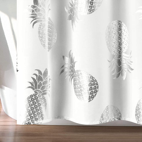 Lush Decor Pineapple Toss Shower Curtain - Fabric Metallic Print Design, 72? x 72?, Silver and White (16T004356)