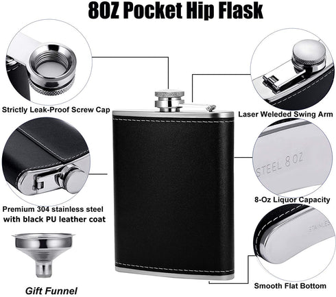 Hip Flask for Men Liquor Flask Stainless Steel Leak proof Flask with Funnel set for Women Pocket Alcohol Drinking Flask set 8OZ (Black Leather)