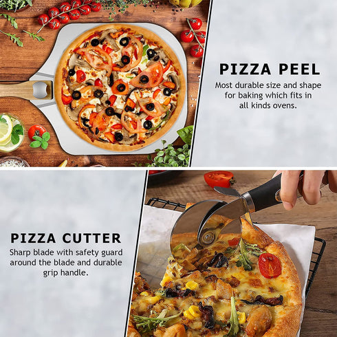 Aunly Aluminum Pizza Peel - Large Size Pizza Paddle 12x14 Inch Metal Pizza Spatula with Foldable Wood Handle & Pizza Cutter- Pizza Shovel for Homemade Baking Lovers for Pies, Pastries, Dough & Cookies