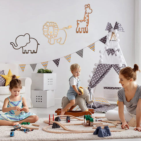 Nursery Decor 3 Pieces Wooden Animal Theme Wall Decor Nursery Jungle Wall Art Geometric Safari Wall Decor Jungle Decor with Glue Points for Themed Room (Lion, Elephant, Giraffe Style)