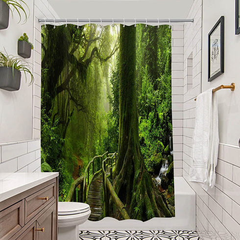 BROSHAN Green Forest Shower Curtain Polyester, Tropical Lush Plant Jungle Print Nature Bathroom Curtain for Shower , Trees Fabric Bathroom Decor Set with Hooks