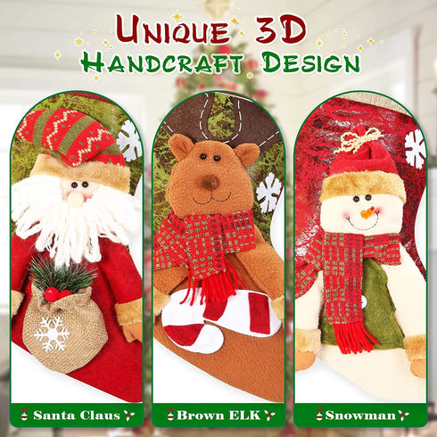 Linkowin Christmas Stockings, 3 Pack Classic 3D Xmas Stockings, Santa, Snowman, Reindeer Fireplace Character 18" Hanging Decorations, Xmas Stocking Holder Bulk for Family Home Holiday Xmas Tree Decor