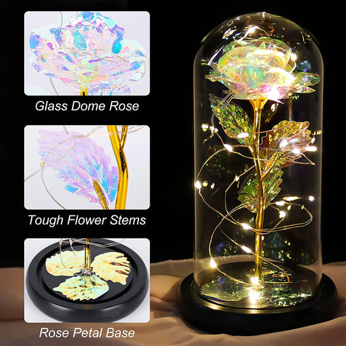 Mother's Day Unique Gift for Women, Galaxy Rose Glass Crystal Flower Gift in Glass Dome with LED Light Mothers Day Birthday Gift Ideas for Mom/Wife/Grandma/Daughters