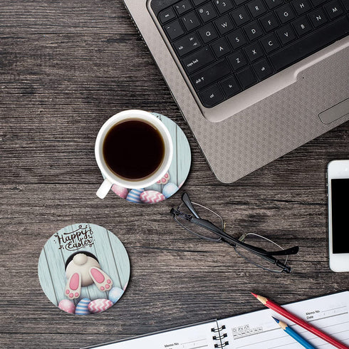 Happy Easter Drink Coasters Set of 6 with Holder Absorbent Ceramic Easter Bunny Coasters for Wooden Table, Cute Rustic Round Coasters Cork Base House Warming Home Gift for Easter Day