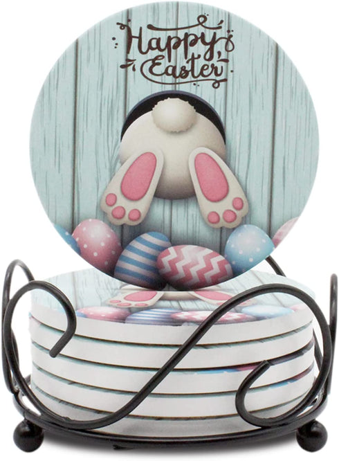Happy Easter Drink Coasters Set of 6 with Holder Absorbent Ceramic Easter Bunny Coasters for Wooden Table, Cute Rustic Round Coasters Cork Base House Warming Home Gift for Easter Day