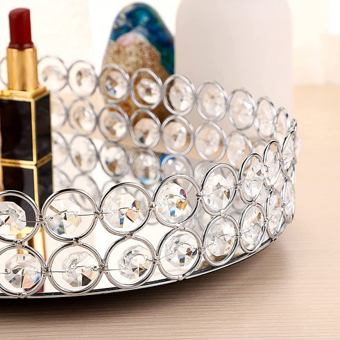 Hipiwe Crystal Vanity Tray Mirrored Dresser Perfume Trays for Makeup Tray Cosmetic Skin Care Storage, Jewelry Trinket Organizer Tray for Bathroom Countertop Home Decor (Medium, Silver)