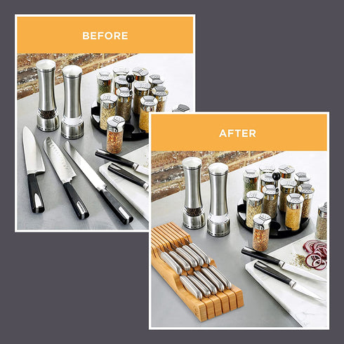 Bamb¼si Knife Drawer Organizer - Bamboo In Drawer Knife Block - Wooden Kitchen Countertop Knife Holder Organization - Holds 10-16 Knives (Not Included) - Keep Knifes Blades Store Without Pointing Up
