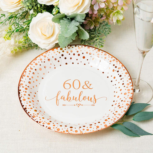 Crisky 60 Fabulous Disposable Plates for Women 60th Birthday Decorations Rose Gold Dessert, Buffet, Cake, Lunch, Dinner Disposable Plates 60th Birthday Party Table Supples, 50 Count, 9 inches