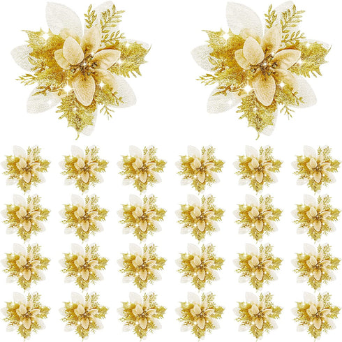 24 Pieces Christmas Glitter Poinsettia Flowers 5.5 Inch Artificial Christmas Flowers Xmas Artificial Glitter Flowers for Christmas Tree Ornament Party Decorations Wreath Garlands (Gold)
