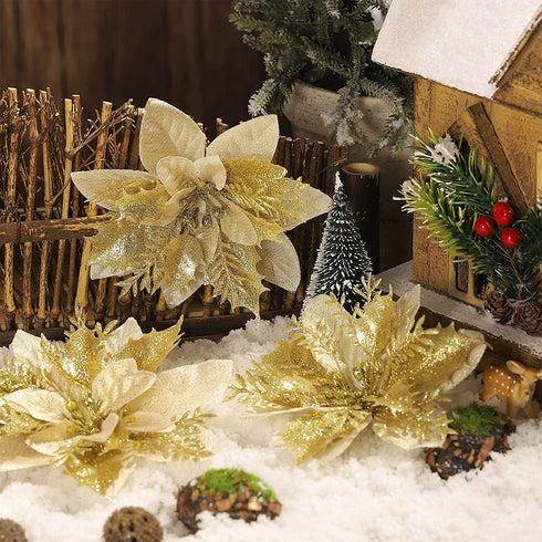 24 Pieces Christmas Glitter Poinsettia Flowers 5.5 Inch Artificial Christmas Flowers Xmas Artificial Glitter Flowers for Christmas Tree Ornament Party Decorations Wreath Garlands (Gold)