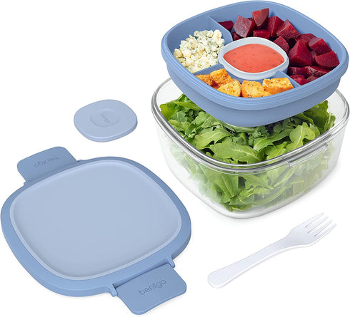 Bentgo® Glass - Leak-Proof Salad Container with Large 61-oz Salad Bowl, 4-Compartment Bento-Style Tray for Toppings, 3-oz Sauce Container for Dressings, and Built-In Reusable Fork (Light Blue)