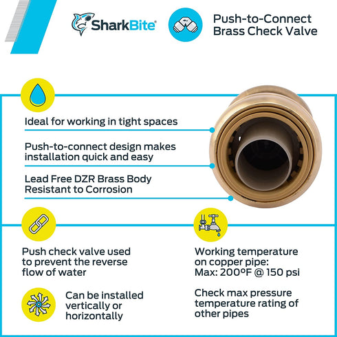 SharkBite U2016-0000LFA 3/4 inch x 3/4 inch Brass Check Valve, Push-to-Connect, Copper, PEX, CPVC