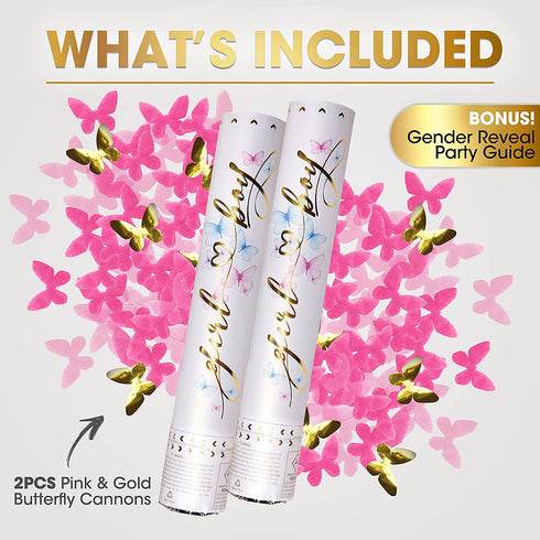 Premium Gender Reveal Confetti Cannon - Set of 2 - Butterfly Confetti Poppers in Pink or Blue - Gender Reveal Decorations and Baby Gender Reveal Party Supplies in Girl or Boy Gender Reveal Cannons
