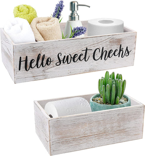 LotFancy Bathroom Decor Box 2 Pack, Hello Sweet Cheeks Nice Butt on 2 Sides, Wooden Back of Toilet Storage Basket, Toilet Paper Organizer for Home D©cor