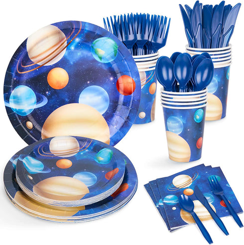Decorlife Space Themed Party Supplies Serves 16, Space Plates and Napkins Sets, Cups, Knives, Forks, Spoons Included, Total 112pcs