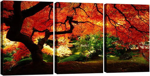 Pyradecor 3 Piece Giclee Canvas Prints Wall Art Paintings Ready to Hang for Living Room Home Decor - Red Maple Trees Large Modern Stretched and Framed Contemporary Landscape Pictures on Canvas Artwork