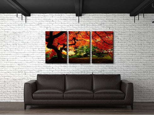 Pyradecor 3 Piece Giclee Canvas Prints Wall Art Paintings Ready to Hang for Living Room Home Decor - Red Maple Trees Large Modern Stretched and Framed Contemporary Landscape Pictures on Canvas Artwork