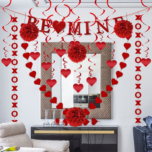21Pcs Valentines Day Decor Valentine's Day Decorations Set Pre-Assembled Hanging Heart Swirls BE MINE Love Heart XO Garlands Banner for Home Classroom Office Wedding Party