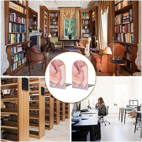 2 PCS Wood Book Ends,Pink Glitter Rose Gold Marble Bookends for Shelves Non-Skid Book Stand for Home Office School Sturdy Book Holders for Heavy Books 5x3 inch