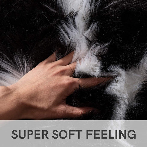 Carvapet Moroccan Shaggy Soft Faux Sheepskin Fur Area Rugs Floor Mat Luxury Beside Carpet for Bedroom Living Room 2ft x 4ft, White Strips on Black