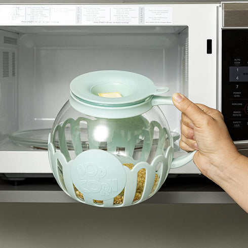 Ecolution Patented Microwave Micro-Pop Popcorn Popper, Borosilicate Glass, 3-in-1 Lid, Dishwasher Safe, BPA Free, 3 Quart Family Size, Aqua