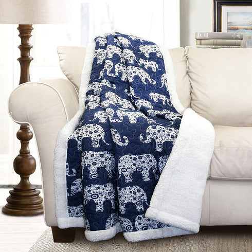 Lush Decor Navy Elephant Parade Throw Fuzzy Reversible Sherpa Blanket 60? x 50 White, 60 x 50