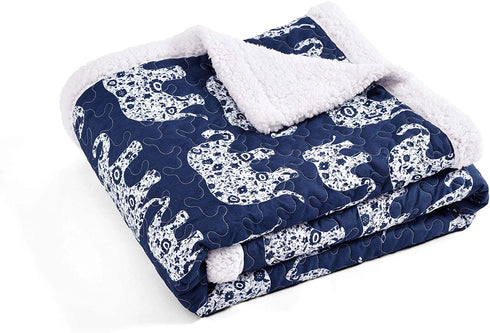Lush Decor Navy Elephant Parade Throw Fuzzy Reversible Sherpa Blanket 60? x 50 White, 60 x 50
