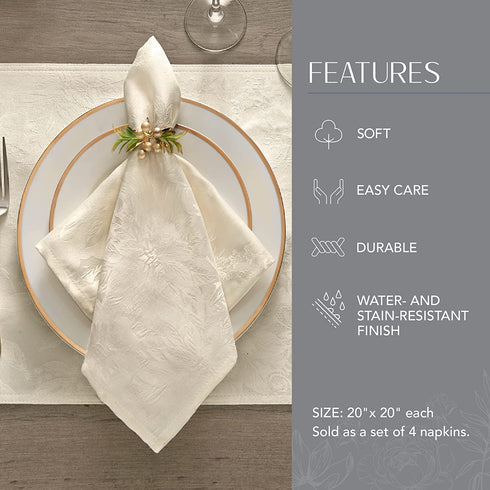 Elrene Home Fashions Poinsettia Elegance Jacquard Holiday Napkins (Set of 4), 17" x 17", Ivory 4 Count
